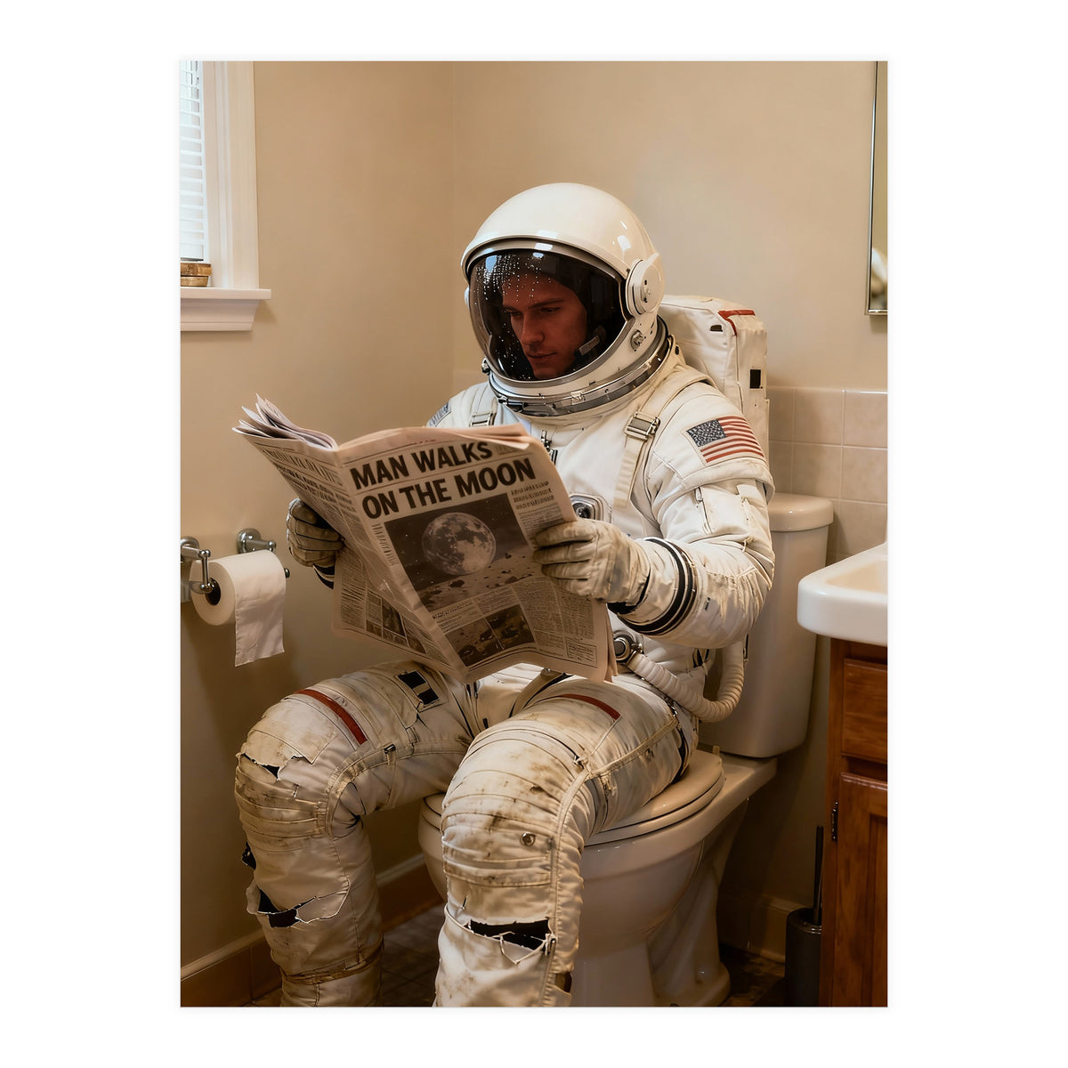 Retro AstronautReading Newspaper, Toilet Humor, Astronaut on Toilet (Print Only)