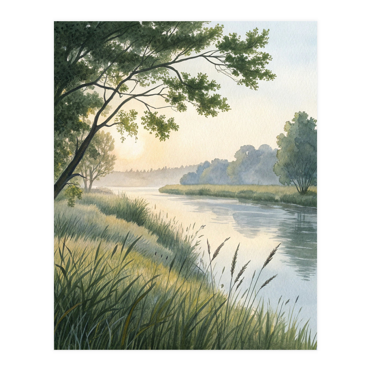 Serene River Sunrise Watercolor Painting with Meadow Grasses and Warm Golden Atmosphere Landscape (Print Only)