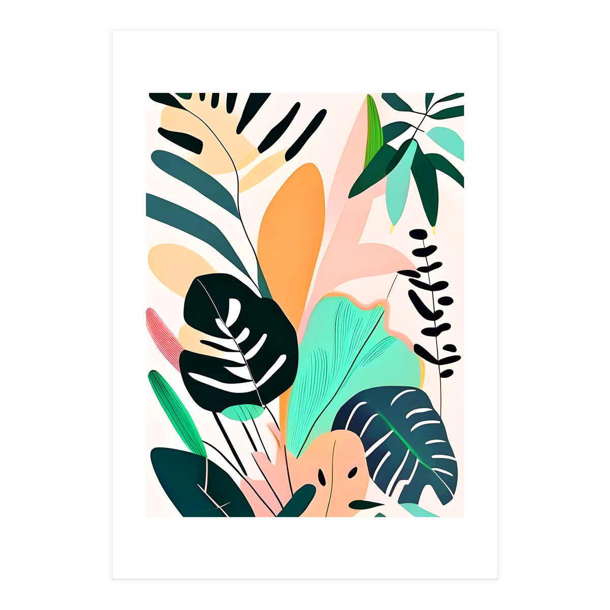 Pastello, Tropical Pastel Jungle, Botanical Neutral Muted Colors, Nature Plants Drawing Monstera, Exotic Bohemian Summer (Print Only)