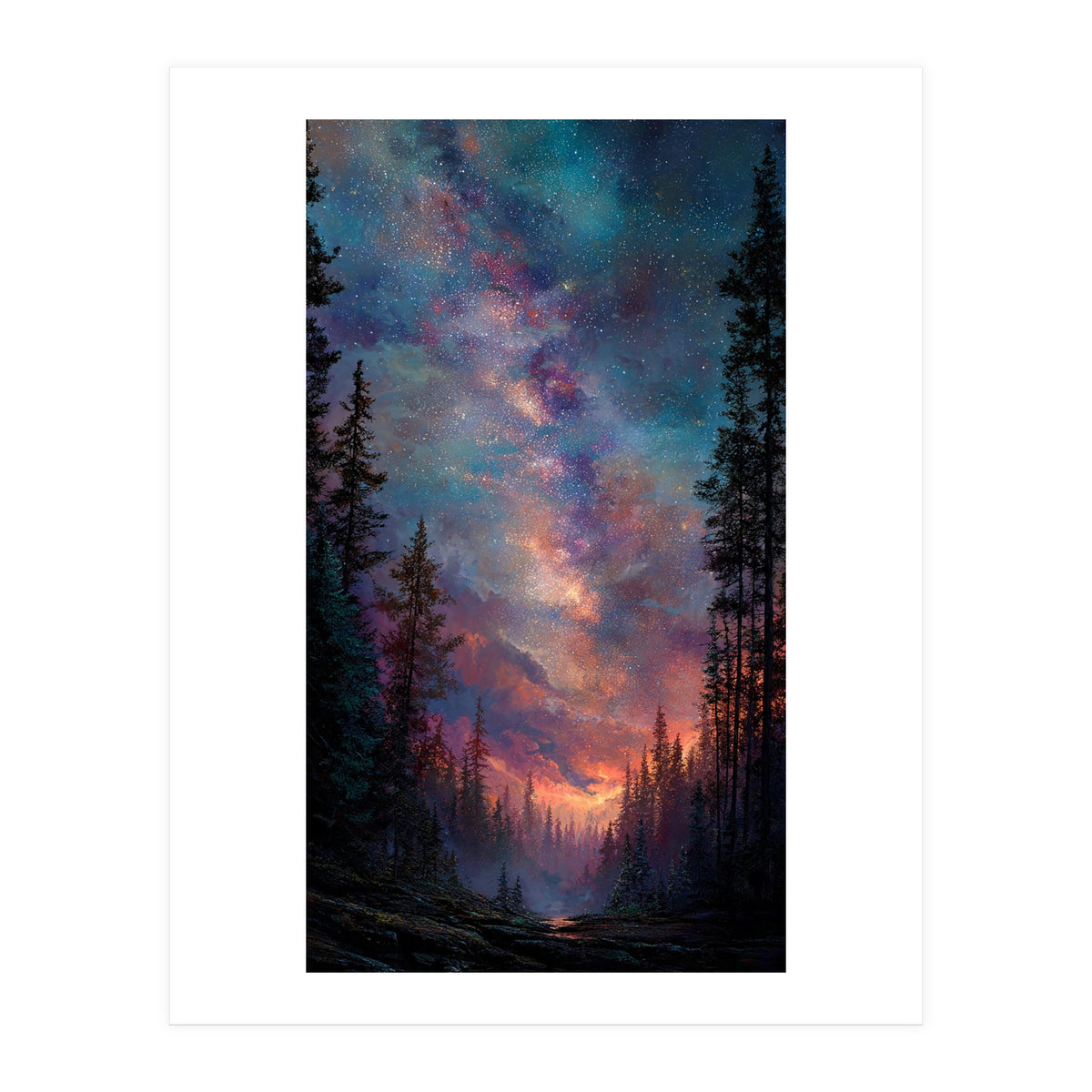 Magical Milky Way Night Sky over Pine Forest Silhouette Art (Print Only)