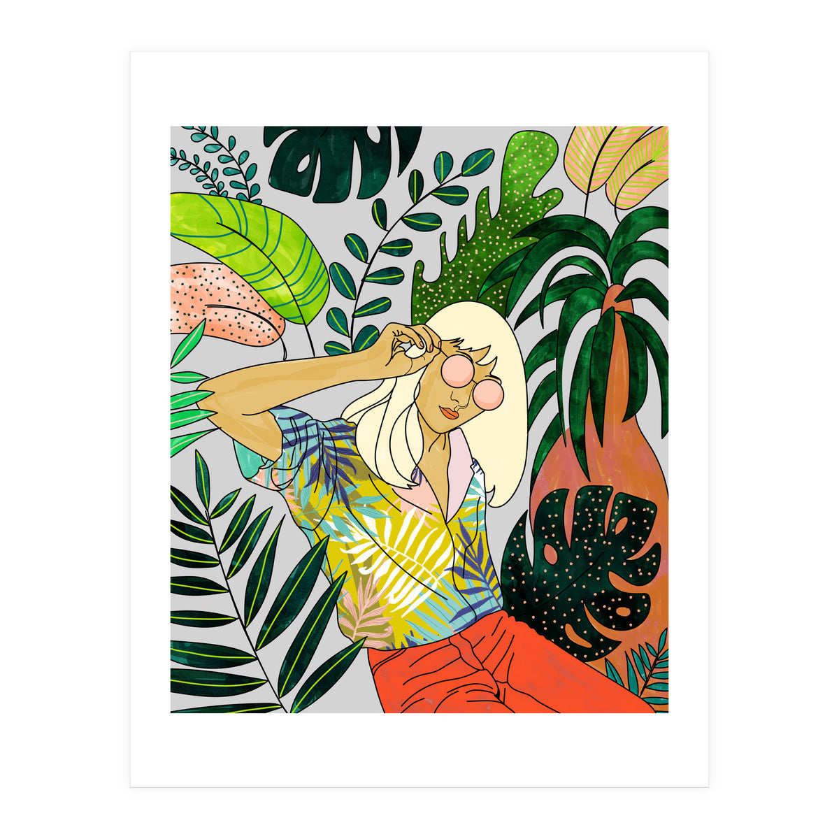 Spring Break, Tropical Bohemian Travel Line Art, Woman Fashion Palm Forest Jungle Watercolor Nature (Print Only)