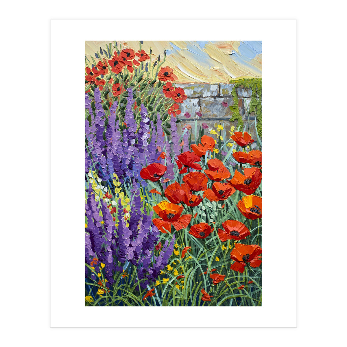 Vibrant Summer Poppy and Lavender Garden Oil Painting (Print Only)