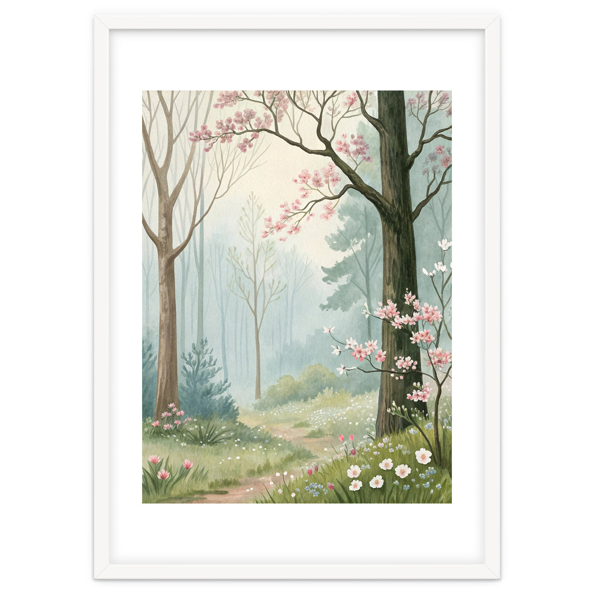 Enchanted Spring Woodland Path with Blooming Cherry Blossoms and Misty Pastel Forest Atmosphere