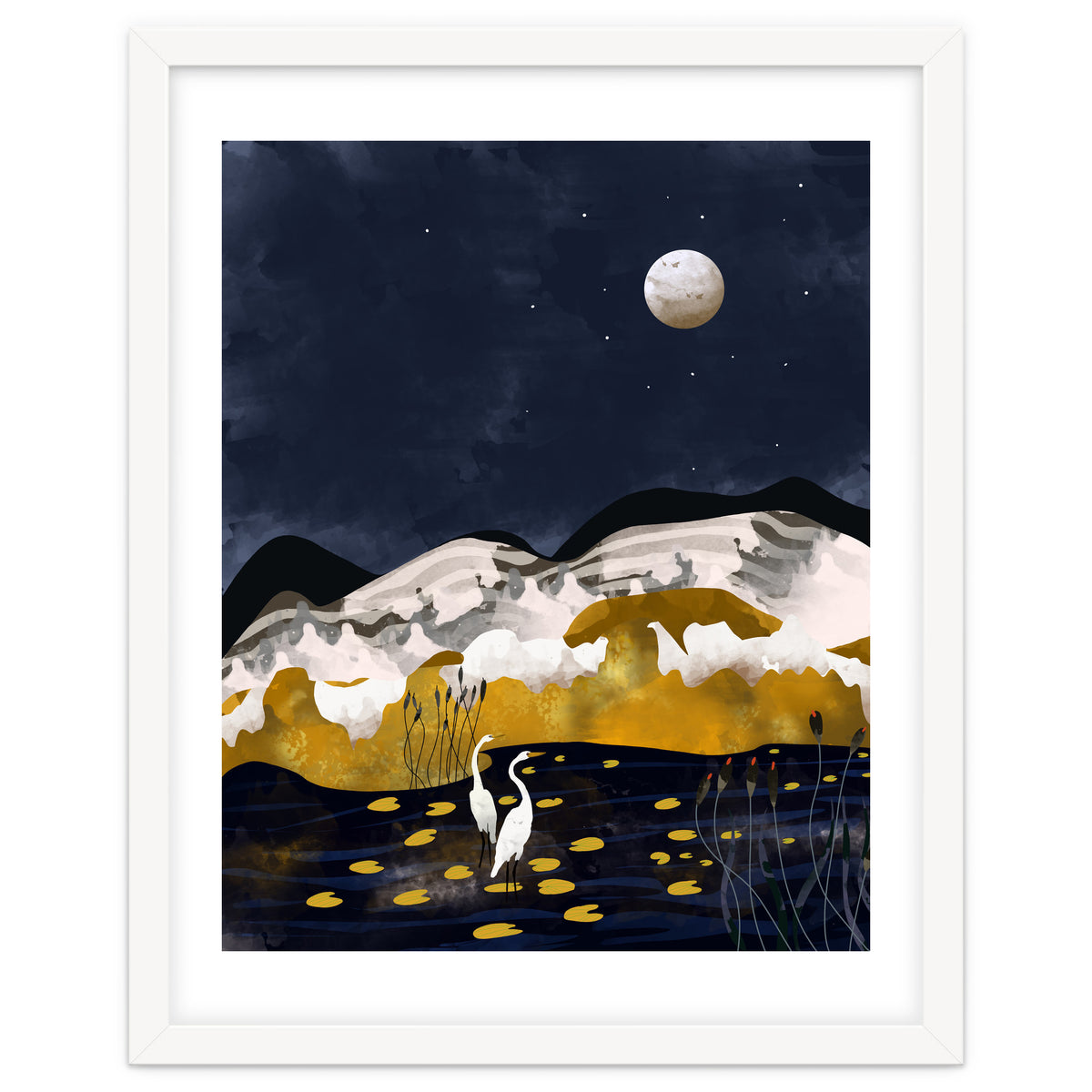 Midnight Lake, Stork Wildlife Animals Abstract Painting, Nature Landscape Travel Adventure Full Moon Night, Eclectic Gold Birds Magical Bohemian