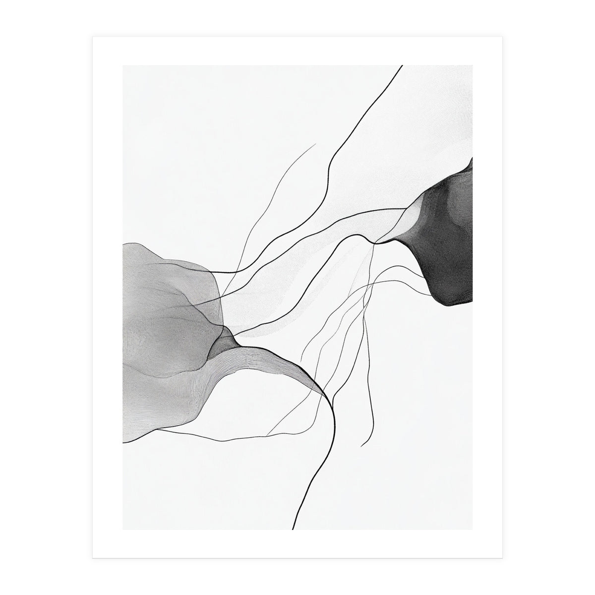Abstract Black And White Flowing Lines And Shapes On White Background (Print Only)