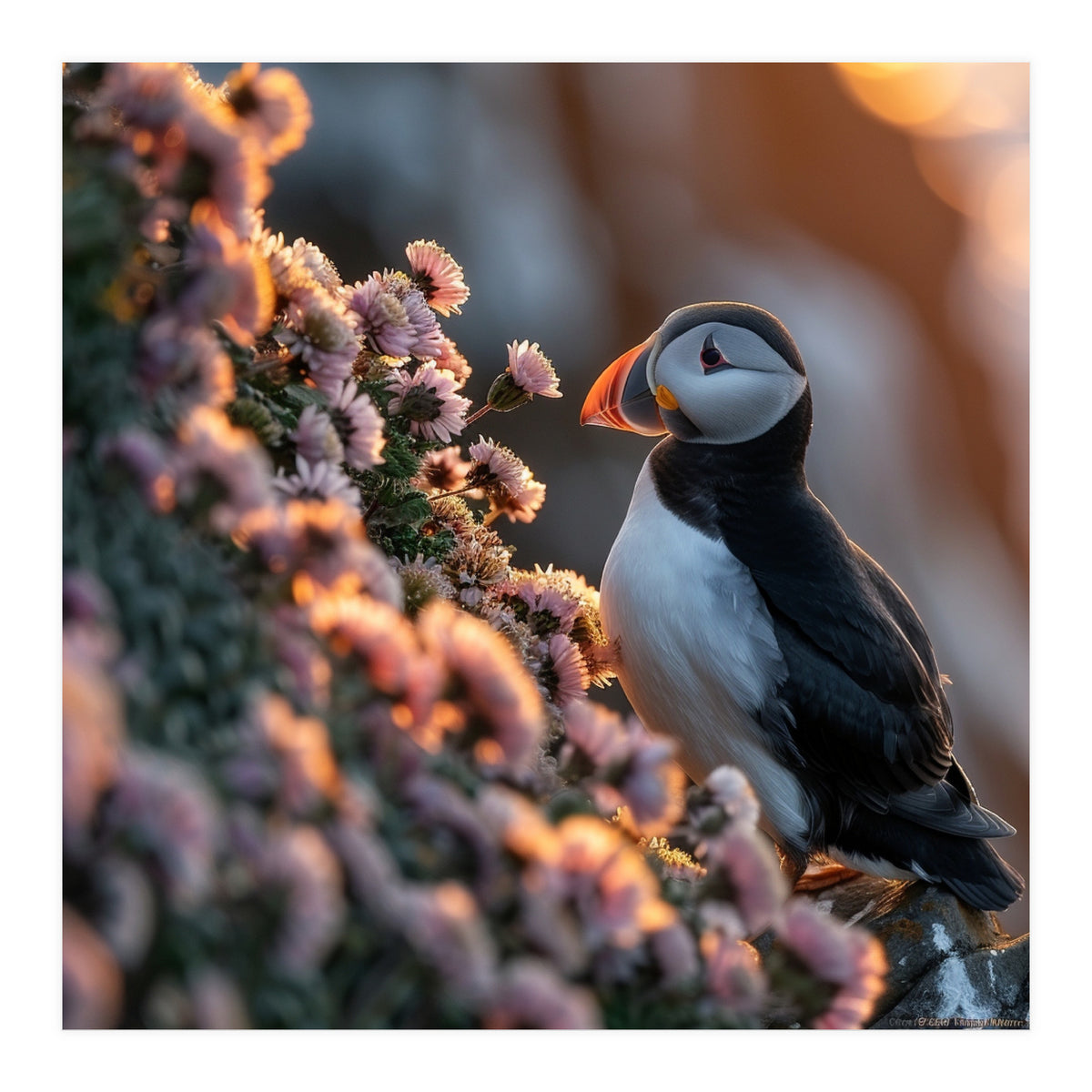 Puffin Bird On Rocks Near Pink Flowers At Sunset (Print Only)
