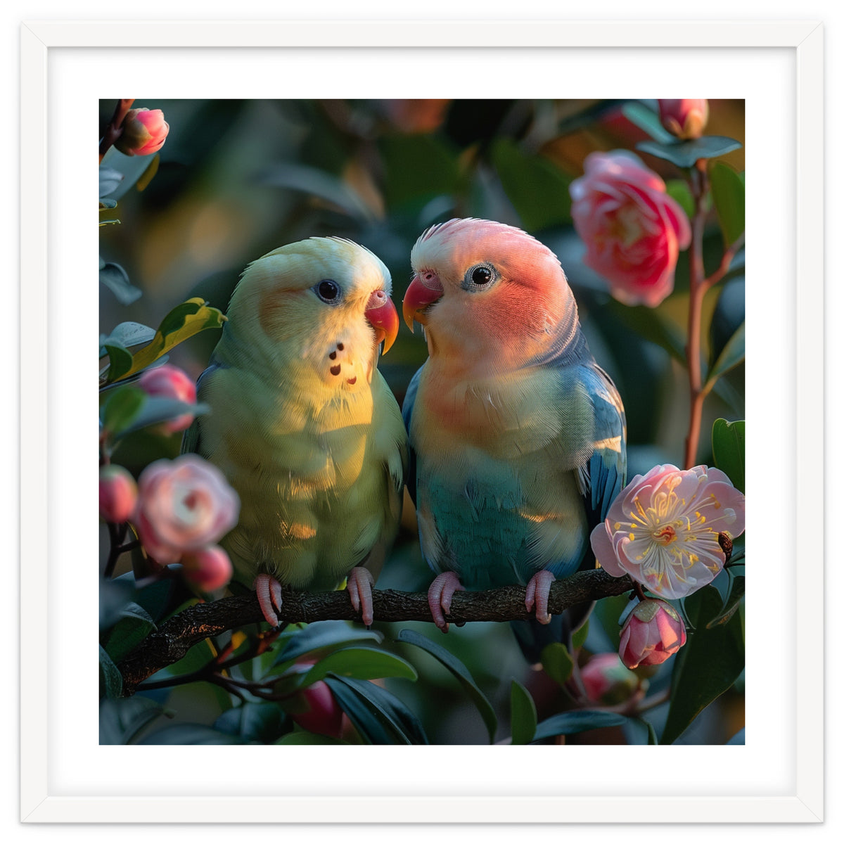 Two Lovebirds Perched On A Branch Near Flowers
