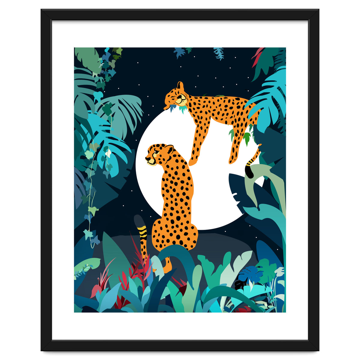 Over The Moon, Leopard In Love, Jungle Wildlife Tropical Tiger Botanical, Nature Cat Dark Animals
