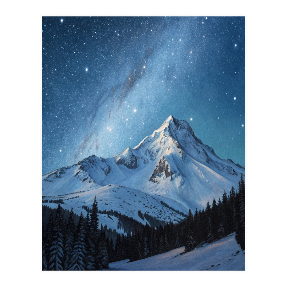 Majestic Snow-Capped Mountain Peak Under a Brilliant Starry Night Sky (Print Only)