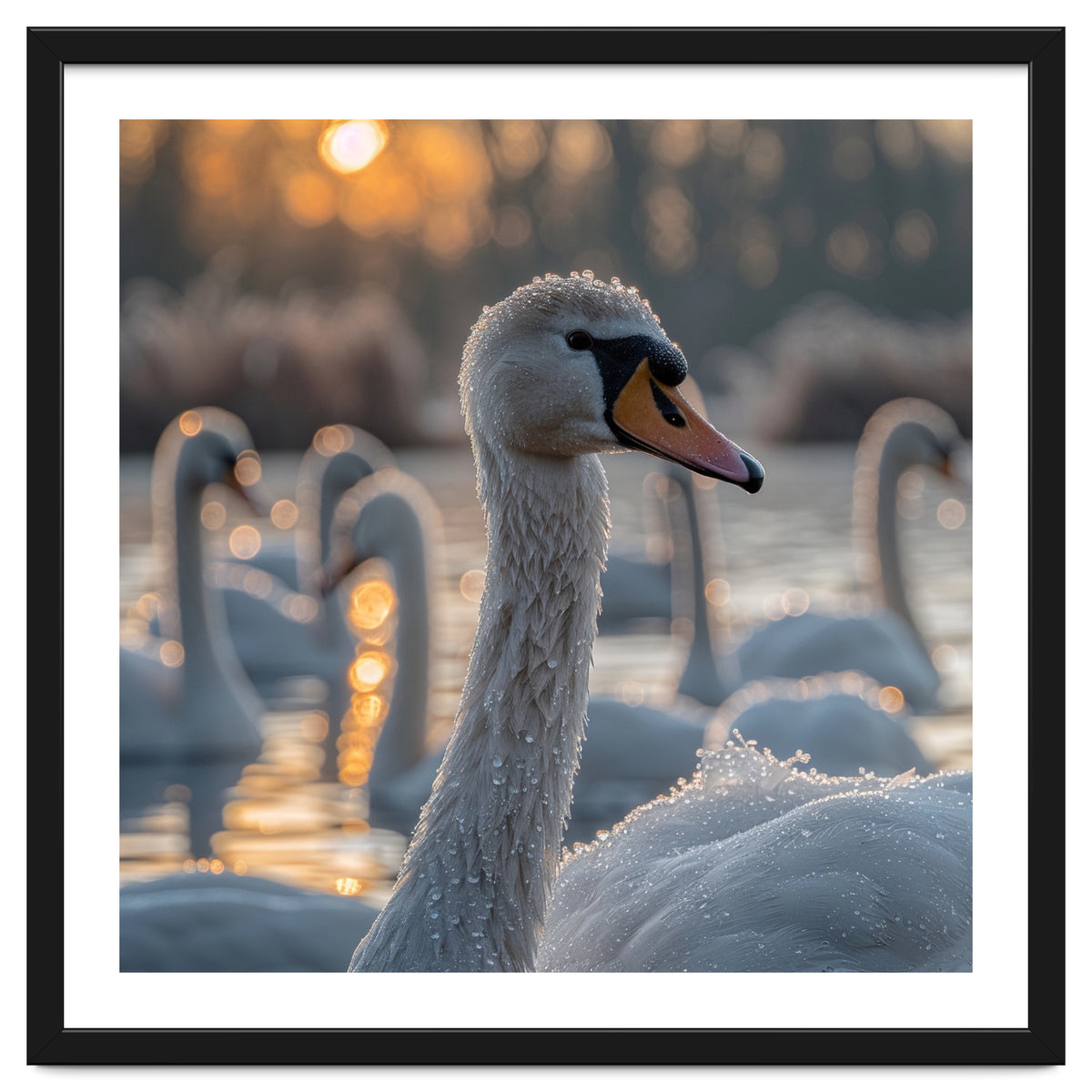 Close Up Of Swan With Water Droplets At Sunrise