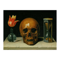 Vanitas, allegory of fleeting time with skull and hour-glass. Oil on canvas. (Print Only)