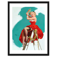 Sexy Pinup Girl In Red Dress Posing On a Ladder