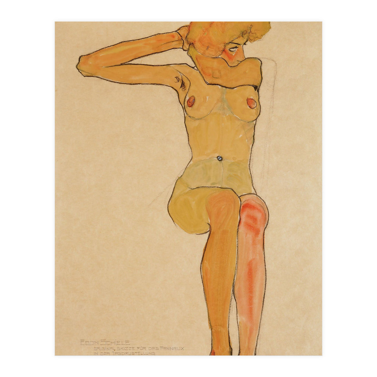 Seated female nude with raised right arm,1910 Gouache,. (Print Only)