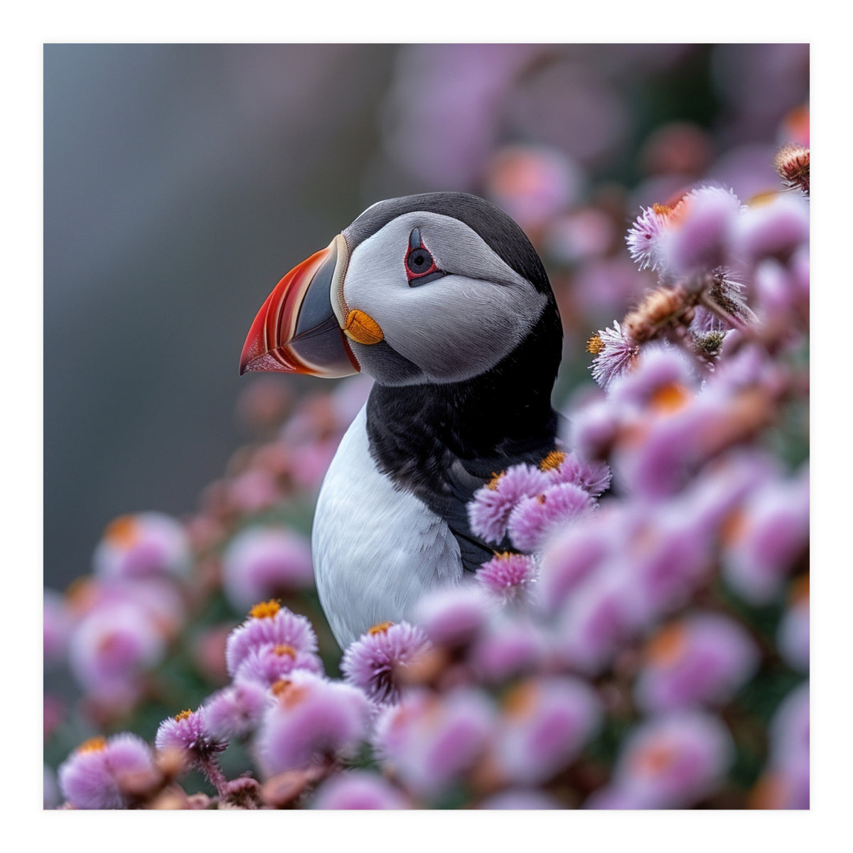 Atlantic Puffin Amidst Pink Heather Flowers (Print Only)