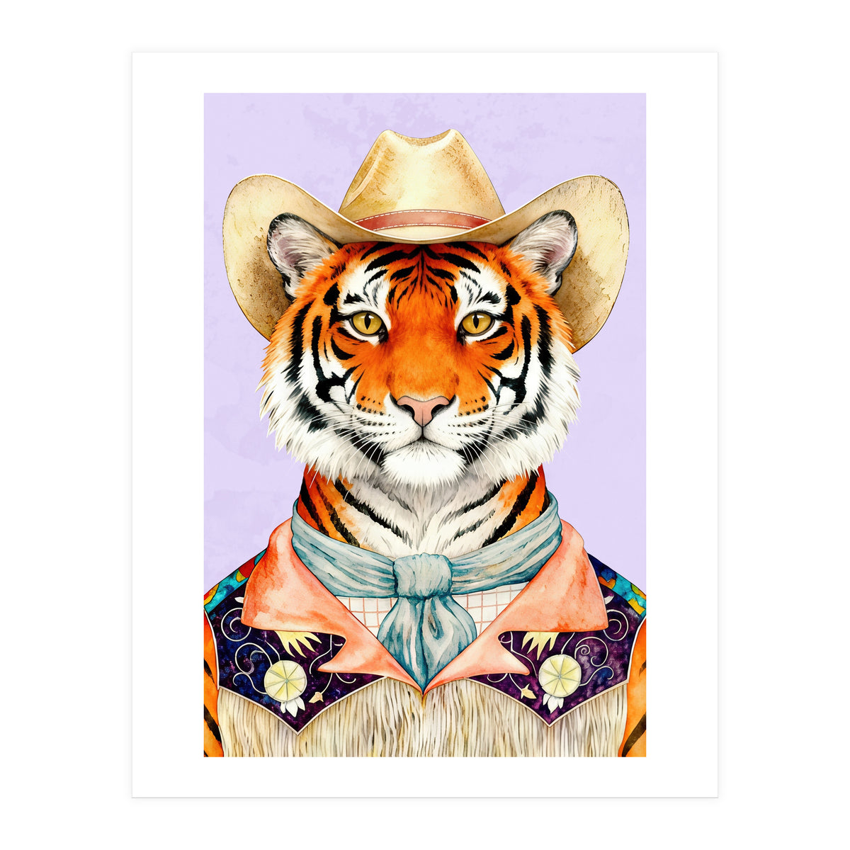 Tiger Portrait in Hat Wild Cowboy Fashion  (Print Only)