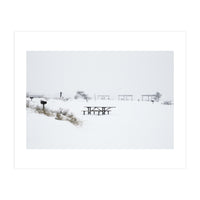 Tables and benches in a snow-covered park (Print Only)