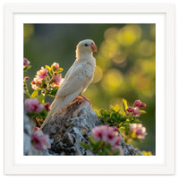 Albino Parrot Perched On A Rock Amongst Flowers