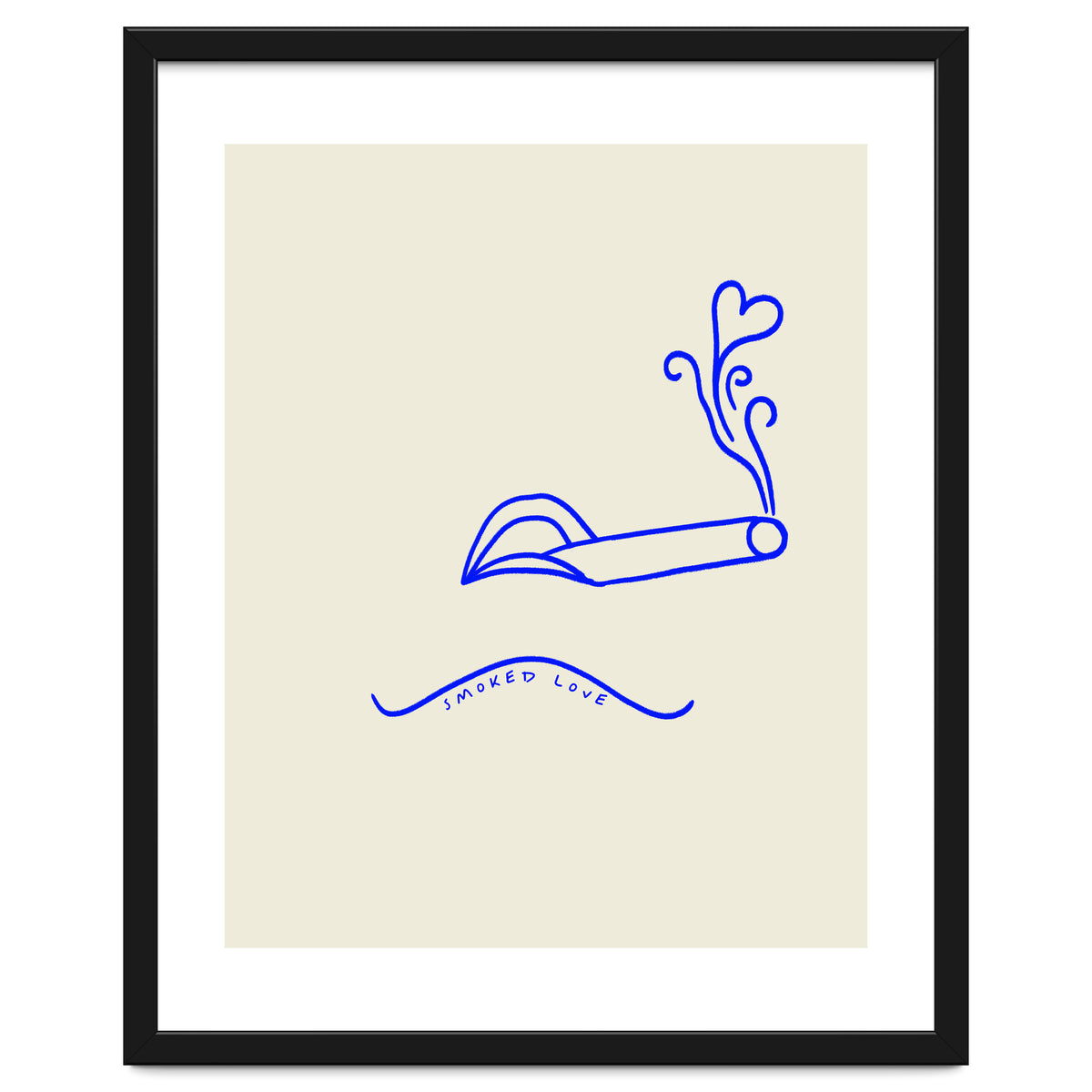 Smoked Love, Line Art Drawing Sketch, Minimalism Doodle Woman Cigarette Cigar Smoke, Eclectic Bohemian Framed