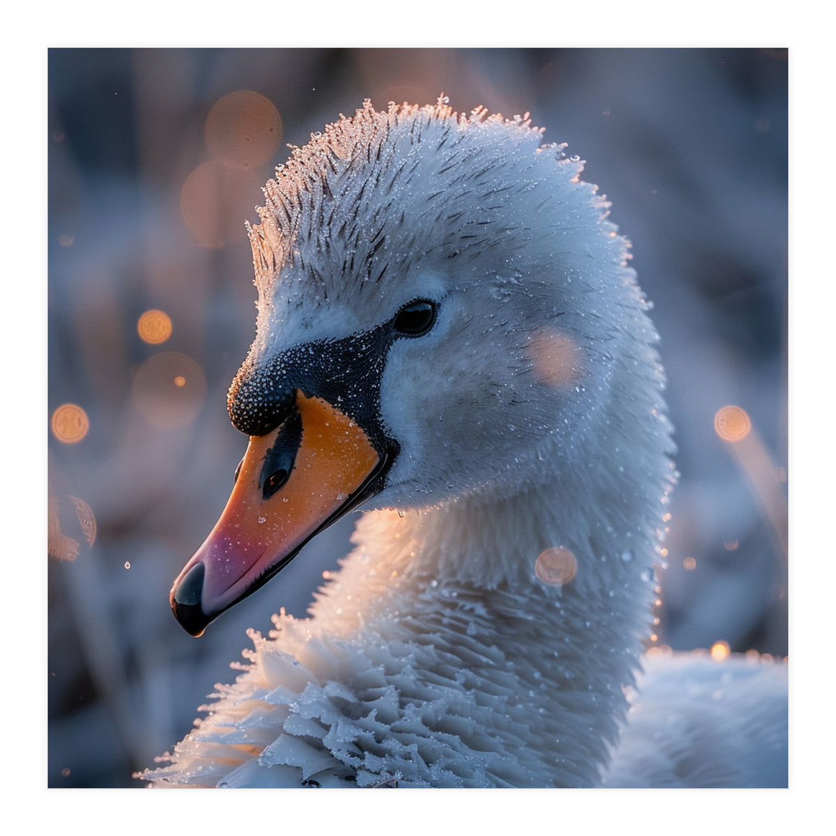 Close Up Frosty Swan Head During Golden Hour (Print Only)