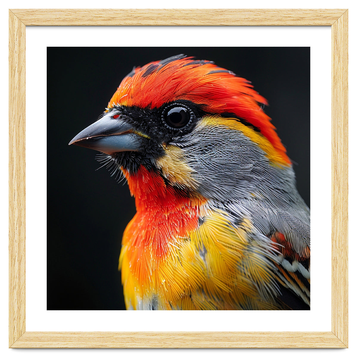 Close Up Of Colorful Bird With Red Orange Yellow Feathers