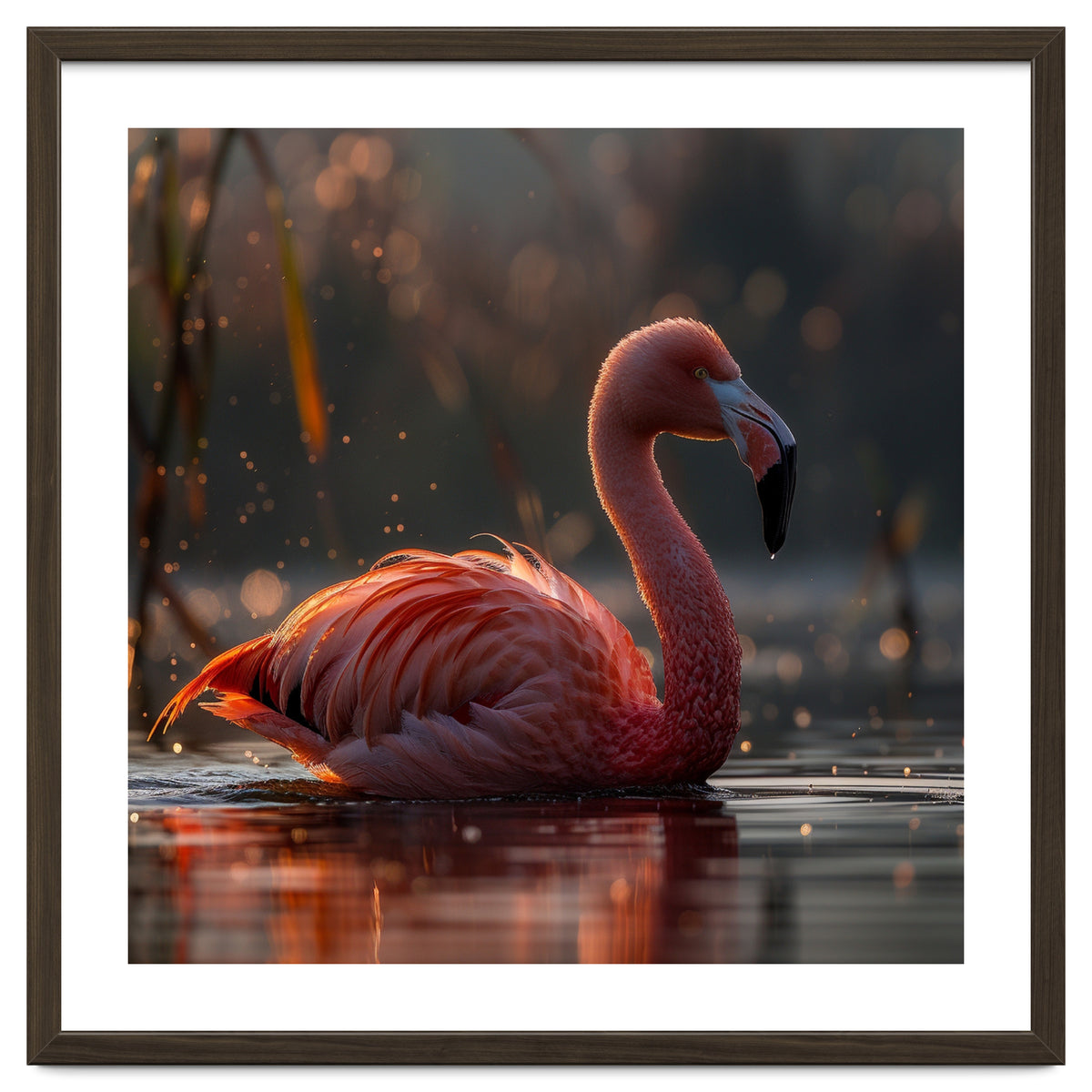 Pink Flamingo Swimming In Sunlight Water