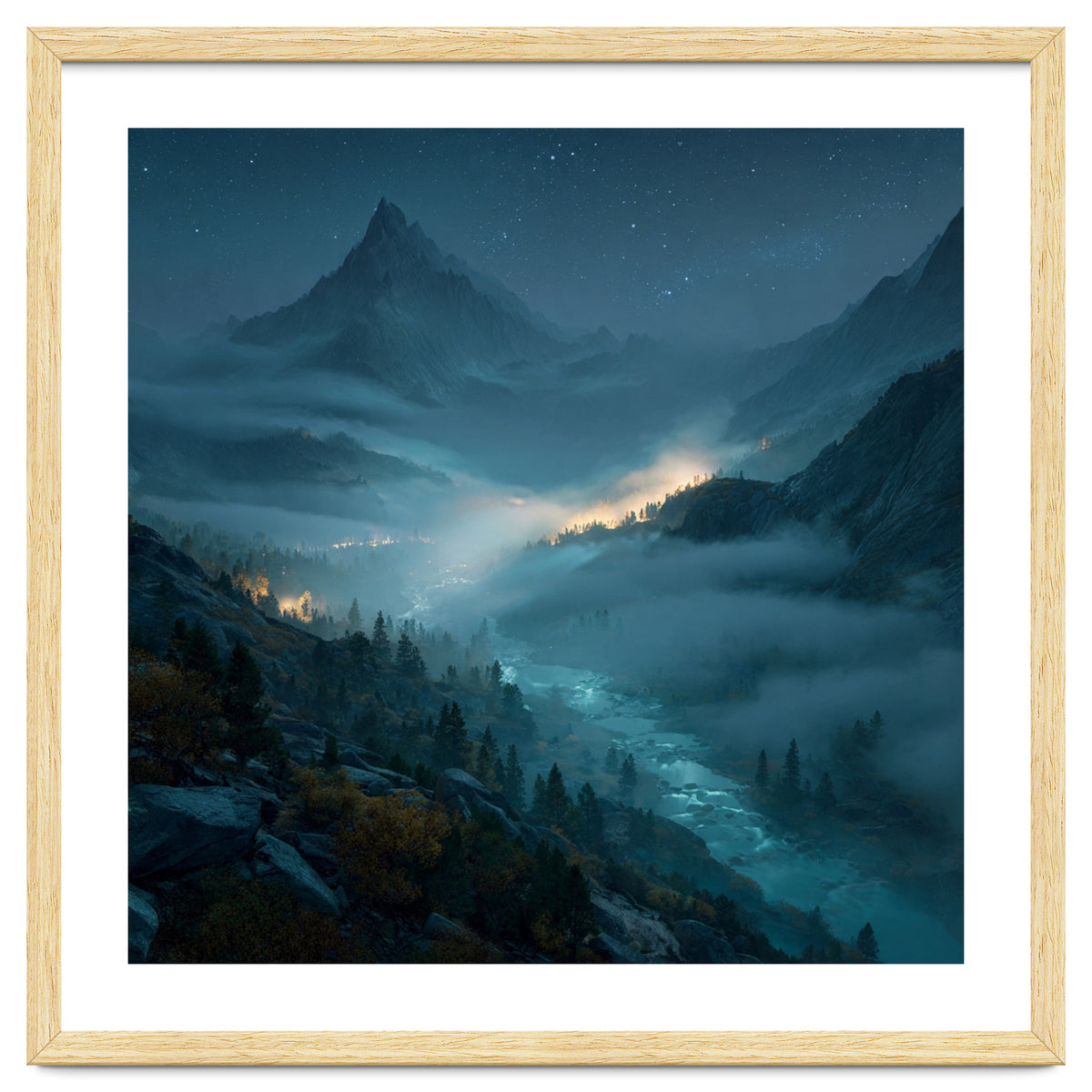 Moonlit Alpine Valley at Night with Shimmering River
