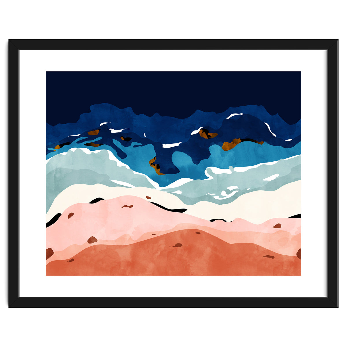 Ocean Heart, Abstract Sea Waves, Tropical Travel Watercolor Painting, Eclectic Bohemian Beach Nature