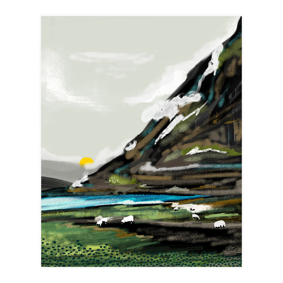 Graze, Cattle Nature Landscape Painting, Mountains Wild Adventure Cows, Animals Grassland Bohemian (Print Only)