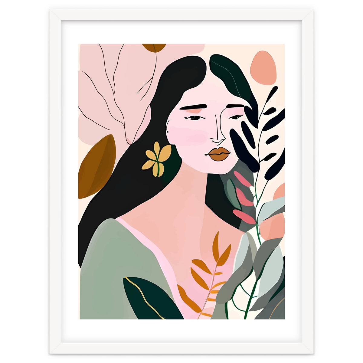 Reinvent, Beautiful Woman Girl Pastel Line Art, Minimal Botanical Nature Portrait, Modern Bohemian Drawing Nomadic Summer Self Love