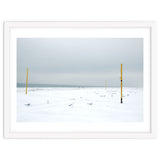 Seagulls in between the volleyball poles in winter snow beach thumbnail