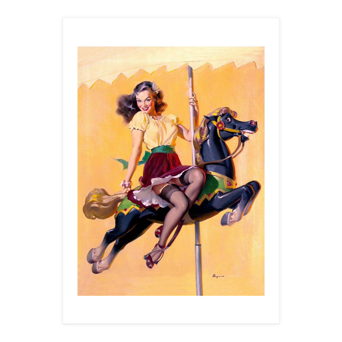Pinup Sexy Girl Riding A Wooden Horse (Print Only)