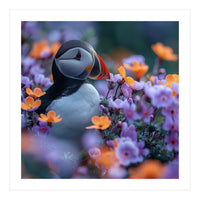 Puffin Bird Among Vibrant Purple And Orange Flowers (Print Only)