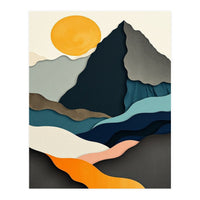 Minimalist Layered Mountain Landscape with Golden Sun (Print Only)