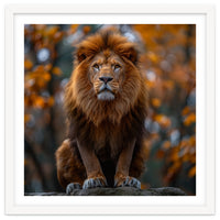 Majestic Lion Sitting On A Rock In Autumn Forest