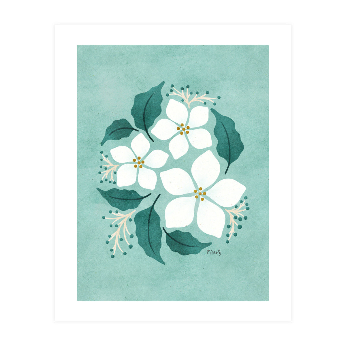 White Flowers On Mint (Print Only)