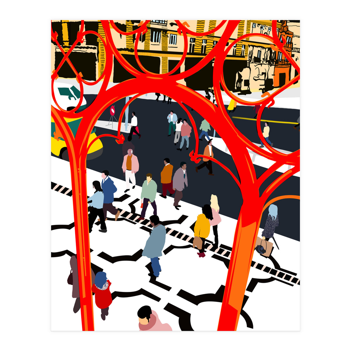 City Street, Eclectic Architecture Buildings Busy New York, People Work Office Daily Life Boho Contemporary Traffic Gifts (Print Only)