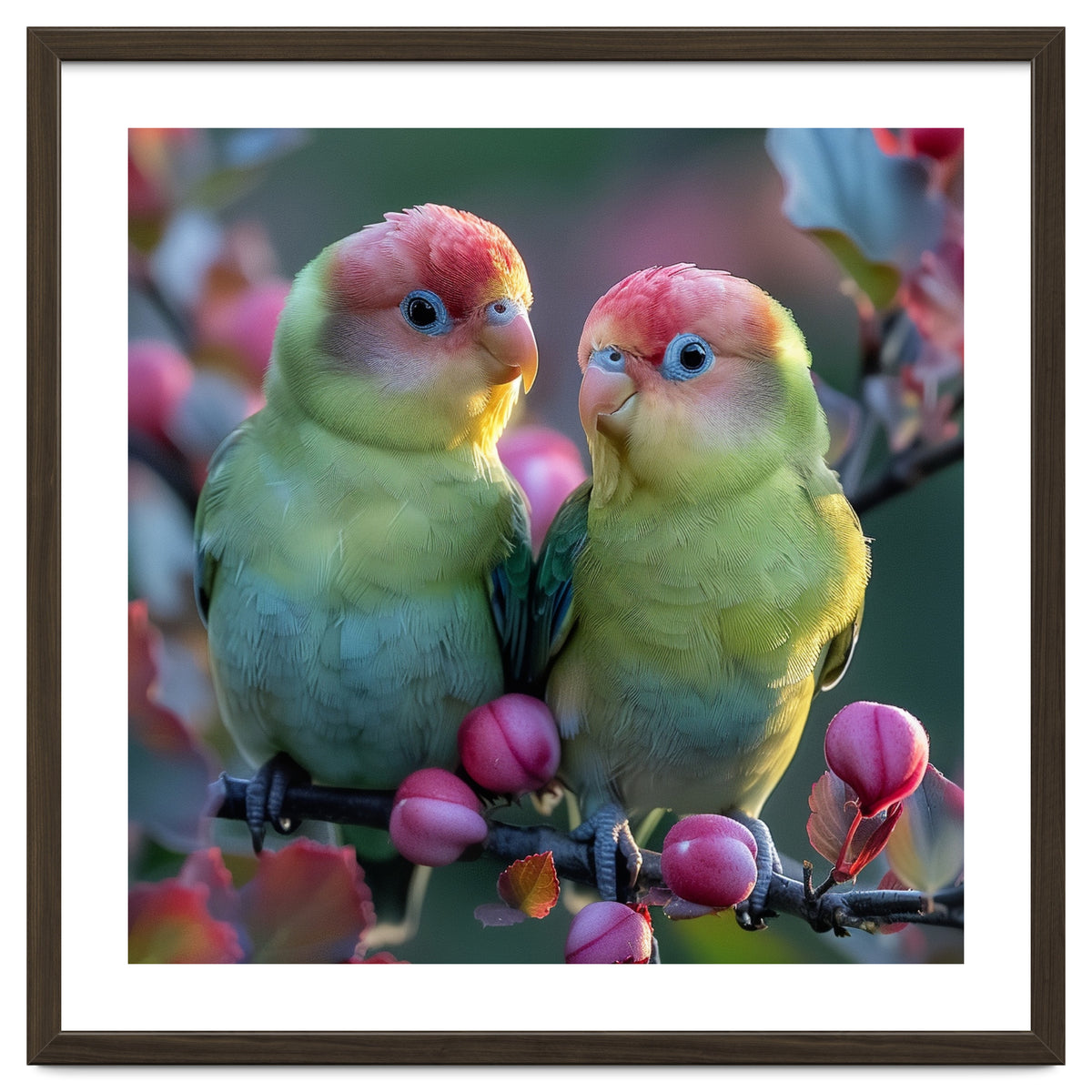 Two Lovebirds On A Branch Surrounded By Berries