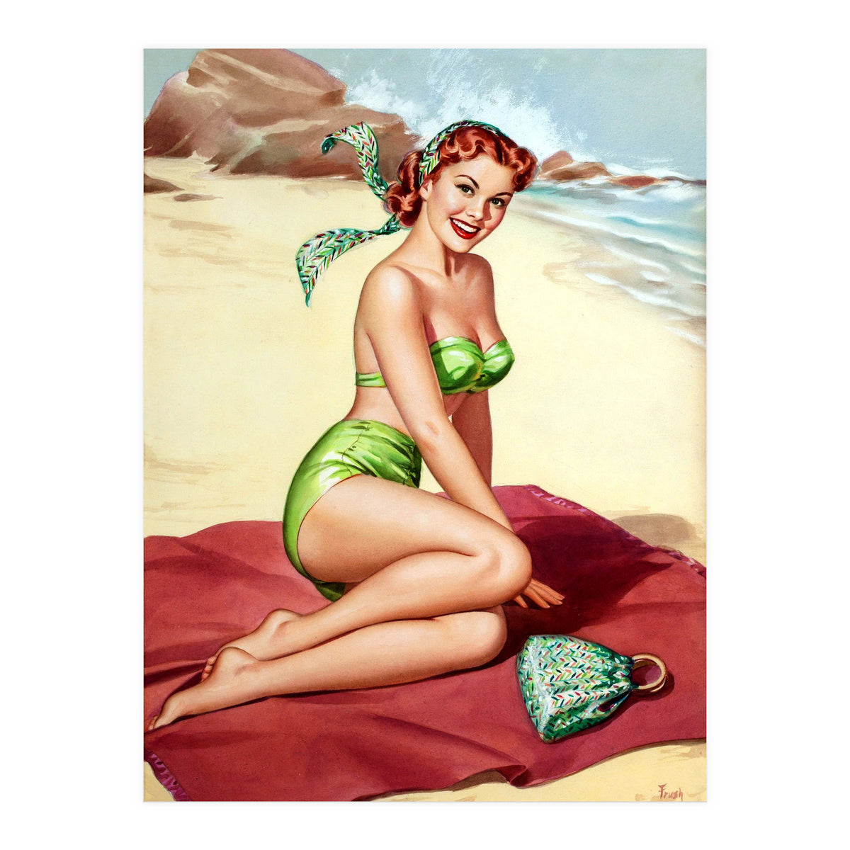Smiling Pinup Sexy Girl On The Beach (Print Only)
