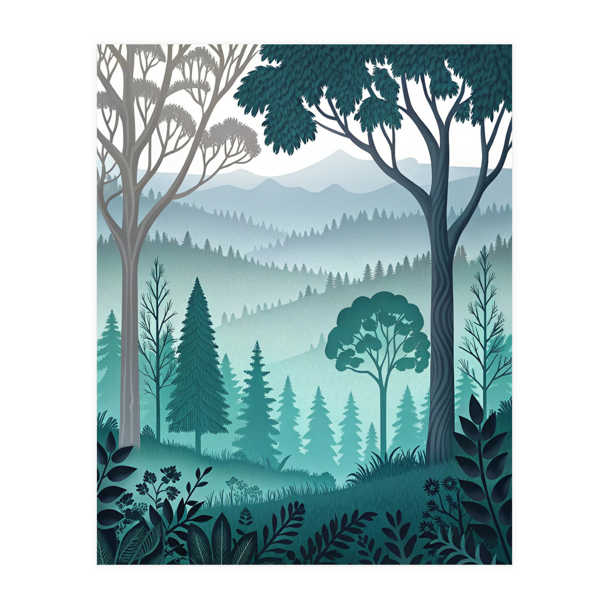 Vibrant Silhouettes in the Misty Teal Highlands (Print Only)