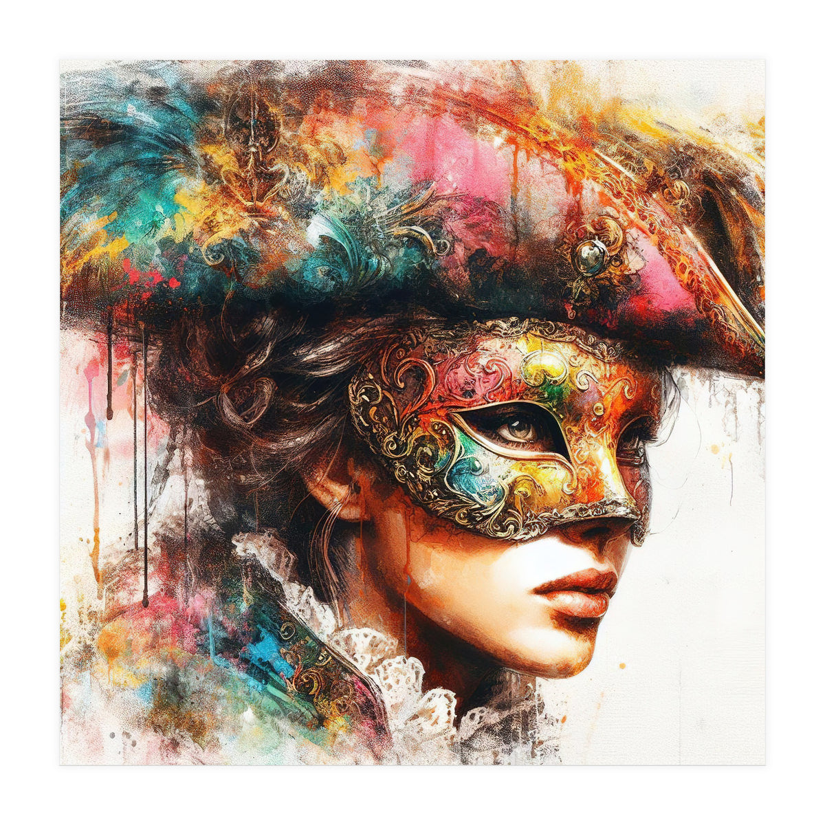 Watercolor Carnival Venetian Mask Woman (Print Only)