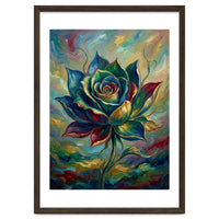 Enchanted Teal and Gold Rose Impasto Oil Painting