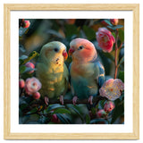 Two Lovebirds Perched On A Branch Near Flowers thumbnail