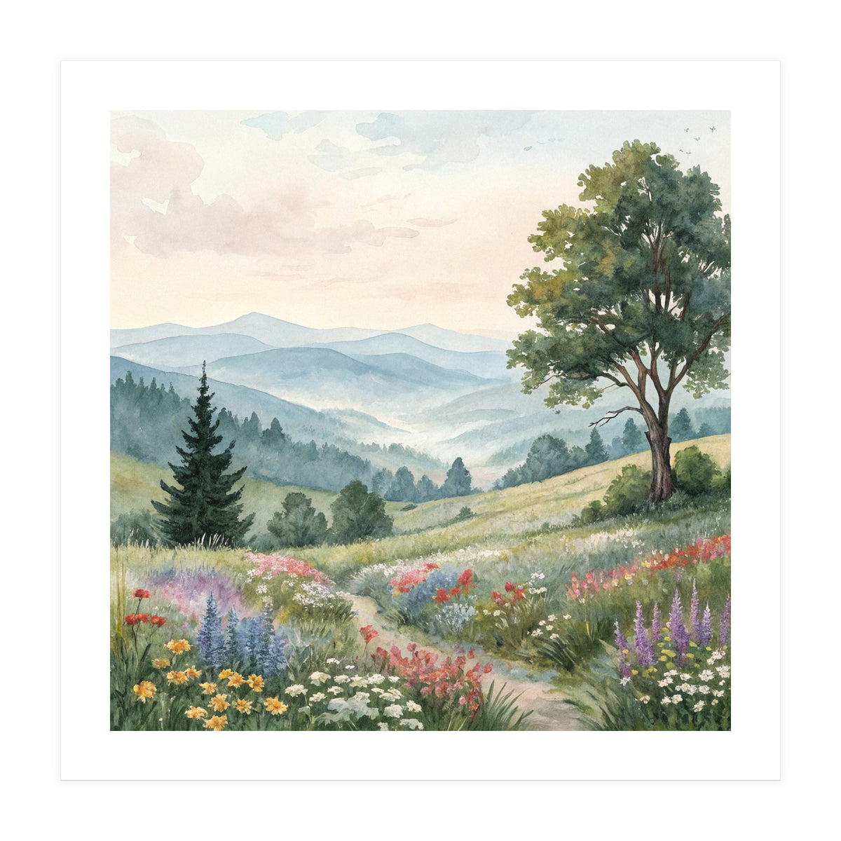 Serene Mountain Meadow Watercolor Landscape (Print Only)