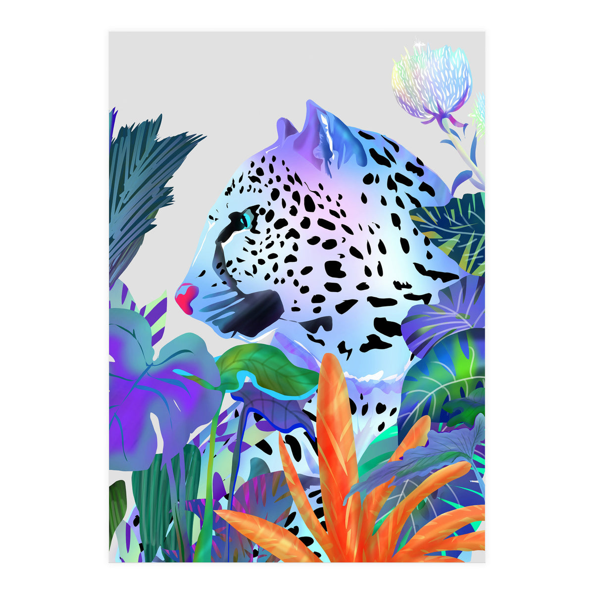 Holographic Leopard, Tropical Jungle Eclectic Nature, Colorful Botanical Wildlife, Boho Contemporary Animals, Tiger Cheetah Cat Maximalism (Print Only)