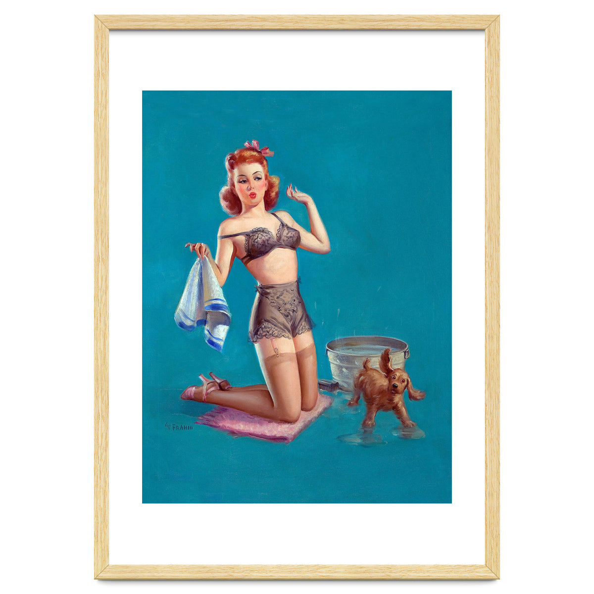 Pinup Girl Bathing A Dog