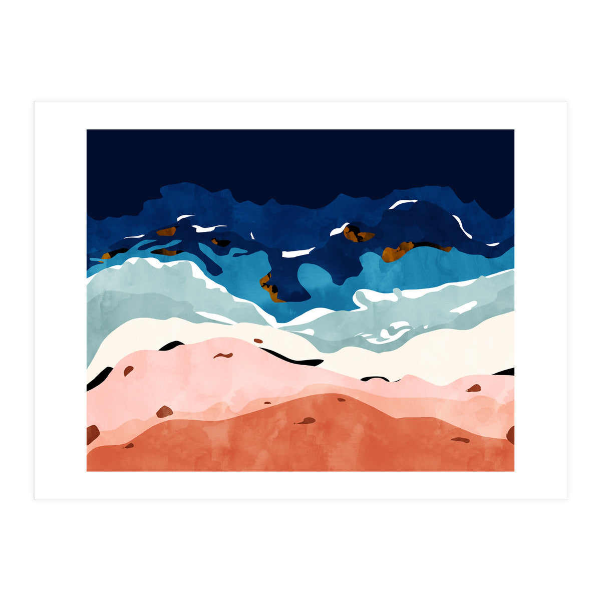 Ocean Heart, Abstract Sea Waves, Tropical Travel Watercolor Painting, Eclectic Bohemian Beach Nature (Print Only)