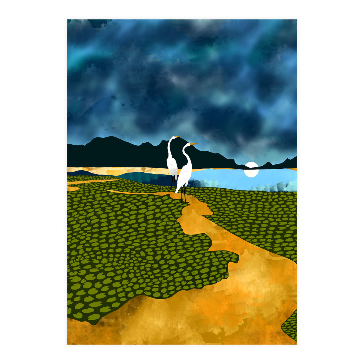 Great Egrets On Honeymoon Island, Heron Wildlife Painting Nature Landscape, Travel Dark Scenic Birds Love Animals Lake Bohemian (Print Only)