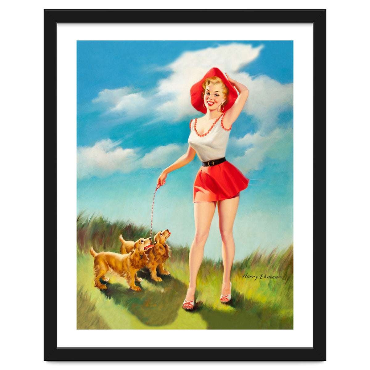 Pinup Girl In Little Red Dress And Two Dogs