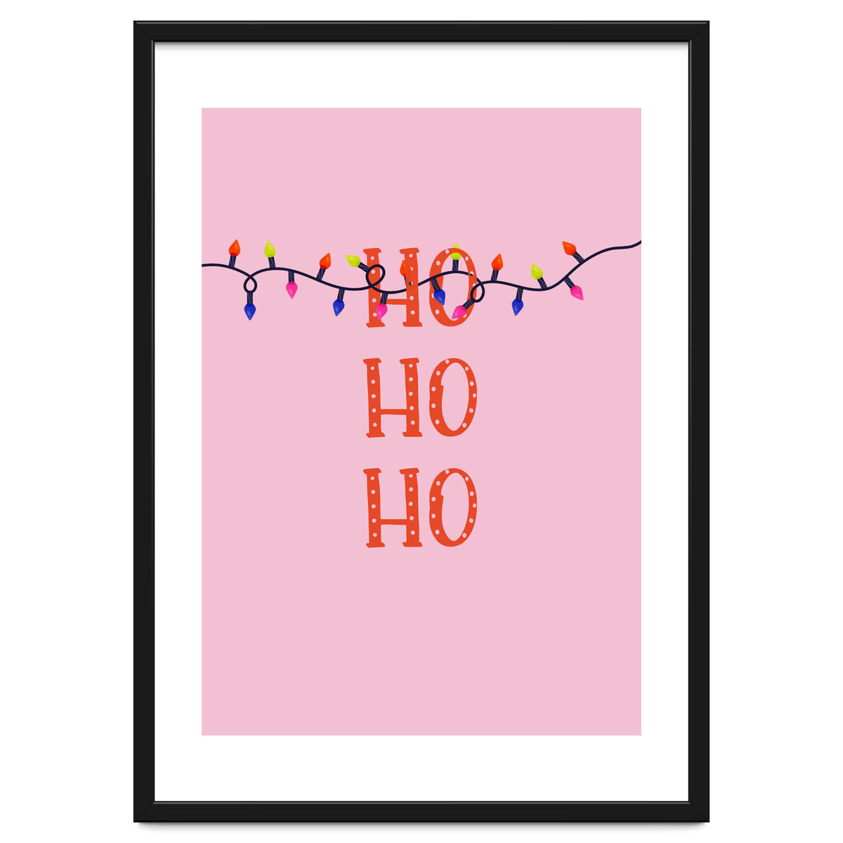 HO HO HO Christmas Lights Art, Pink Holiday Illustration, Modern Festive Quote