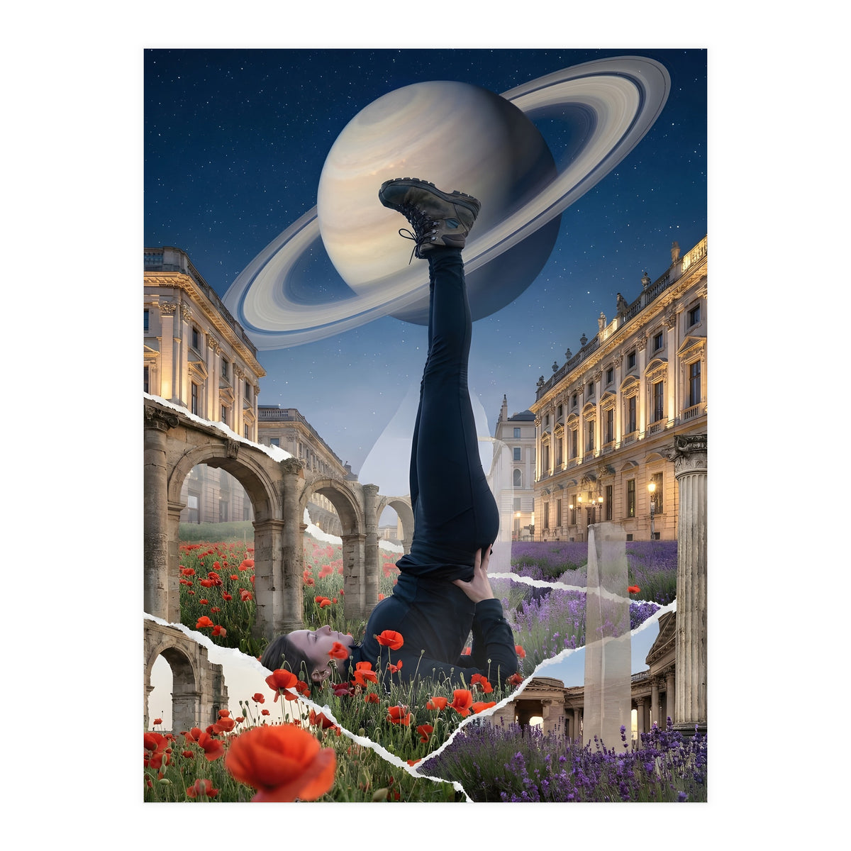 Cosmic Balance: Surreal Yoga in Ancient Dreamscapes (Print Only)